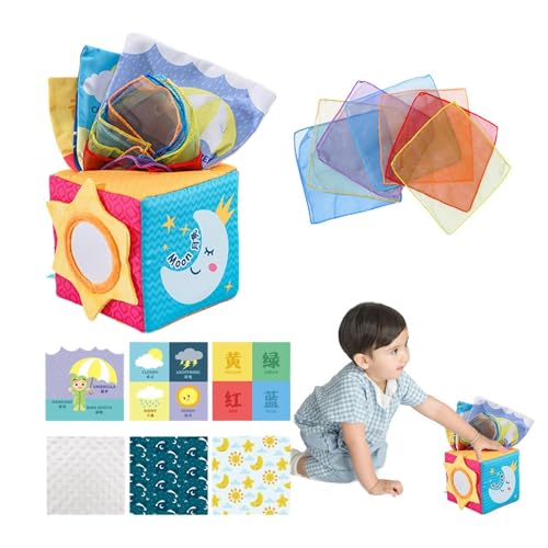 Hobngmuc Taschentuchbox-Spielzeug für Kinder, Taschentuchwürfel-Spielzeug,Weiches, gefülltes, kontrastierendes, knisterndes sensorisches Spielzeug - Lernaktivitäten für Kinder im Alter von 0–2 Jahren, von Hobngmuc