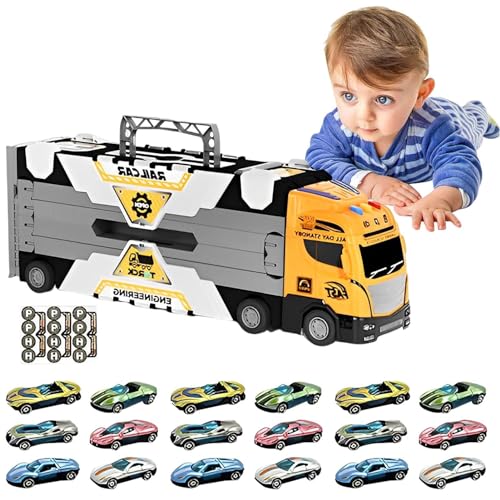 Hobngmuc Transport-LKW-Spielzeug,Transport-LKW-Spielzeug für Jungen - Katapultierendes Rennstrecken-Set - Rennstrecke und 18 Spielzeugautos, Rennwagen mit Licht und Sound, LKW-Spielzeug für Jungen und von Hobngmuc