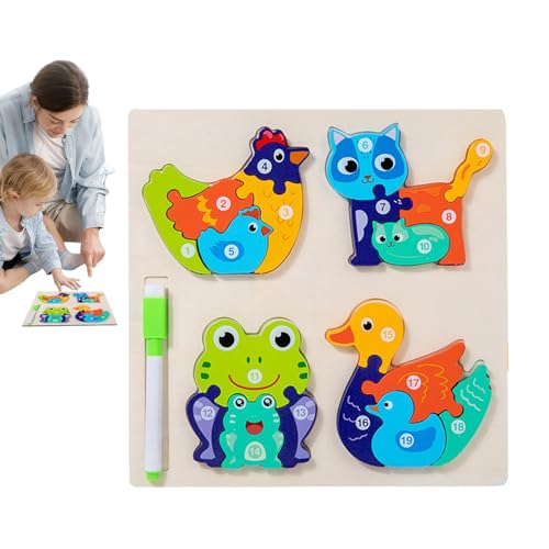 Tier-Holzpuzzle, Tier-Zahlenpuzzle - Zahlenrätsel für Kleinkinder - Doppelseitiges, lustiges, neuartiges 3D-Tier-Holzpuzzle für Kinder, STEM-Intelligenzbildung von Hobngmuc