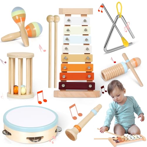 Musikinstrumente Kinderspielzeug, Montessori-Spielzeug, Holzspielzeug für Kleinkinder, Musikaufklärungs-Schlagzeugset mit Maracas Tamburin Xylophon, Sensorisches Spielzeug Geschenk für 3 4 5 6 Jungen von Hobubu