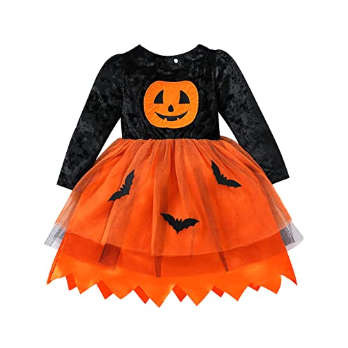 HodJIU Halloween-Kostüm für Babys, Mädchen, Kleidung, bedruckt, Kürbis, Kleid, Tutu, Langarm, Halloween-Kostüm, Kinder, Mädchen (Orange, 3-4 Jahre) von HodJIU