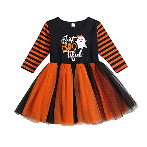 HodJIU Halloween-Kostüm für Babys, Mädchen, bedruckt, Kürbis, Kleid, Tutu, Langarm, Halloween-Kostüm, Kinder, Mädchen (Orange gestreift, 5-6 Jahre) von HodJIU