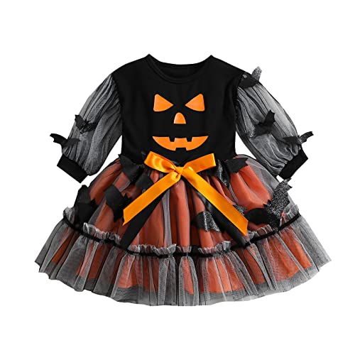 HodJIU Halloween-Kostüm für Babys, Mädchen, bedruckt, Kürbis, Kleid, Tutu, Langarm, Halloween-Kostüm, Kinder, Mädchen (Schwarz, 3-4 Jahre) von HodJIU