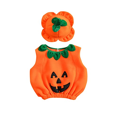 HodJIU Newborn Baby Halloween Kostüm, Cartoon Pumpkin Face Print Tie-Up Sleeveless Cosplay Romper Clothes (Orange + Hut, 0-6 Monate) von HodJIU