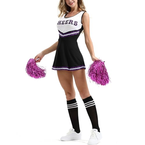 HodJIU Uniform Pompom Girl Damen Kostüm Pompom Girl Kleid Ärmelloses Kostüm Cheerleader Halloween Karneval Maskerade Cosplay (Schwarz, S) von HodJIU