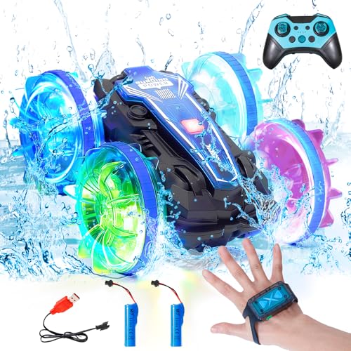 Hofeny Amphibisches Ferngesteuertes Auto mit LED Licht, Amphibienfahrzeug Wasser Ferngesteuert Geländetaugliches Blinken RC Stunt Auto für Kinder ab 3-12 Jahren, Indoor Outdoor Pool Strand Spielzeug von Hofeny