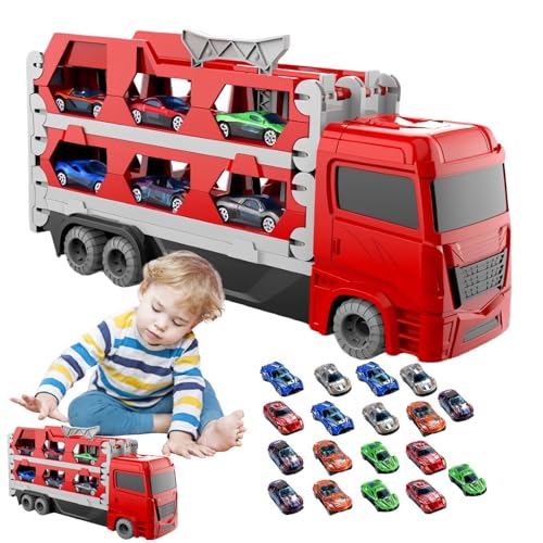 Hogvinnatil Auto-Rennbahn-Spielzeug, Spielzeug-LKW für Kinder,Klappbares Autotransporter-Spielzeug - Auto-LKW-Spielzeug mit 18 kleinen Fahrzeugen für, Mädchen, Kleinkinder und Kinder von Hogvinnatil