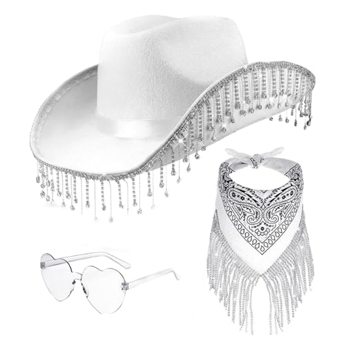 Hogvinnatil Cowboyhut Für Damen Western-Cowboyhut Mit Strassquaste 3 Teiliger Cowgirl-Schal Für Damen Herz-Brillen-Set Rosa Cowgirl-Hut Cosplay-Party-Kostüm-Zubehör von Hogvinnatil