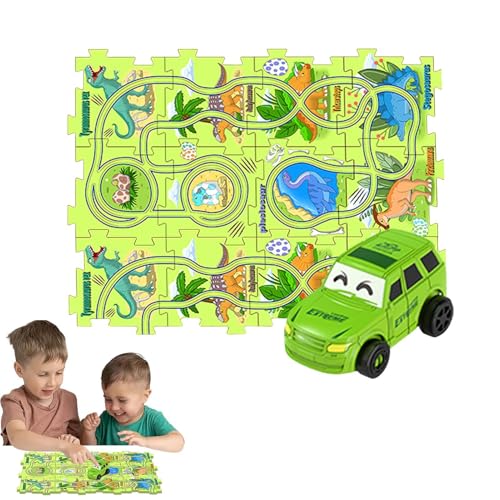 Hogvinnatil Puzzle-Racer-Autobahn-Set, Puzzle-Bahnen mit Fahrzeugen | Lernspiele Puzzle Triebwagen - Auto-Spielset Feinmotorikspielzeug, Bauspielzeug Dinosaurier-Thema, Lernspielzeug Puzzle-Strecke von Hogvinnatil