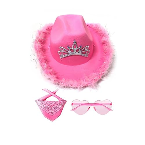 Hogvinnatil Rosa Cowboyhut | Cowboy Hut Für Damen | Wester Style Pink Cowboy Hut | Filz Cowboyhut Mit Herz Brille Bandana | Cosplay Party Halloween Karneval Kostüm Zubehör von Hogvinnatil