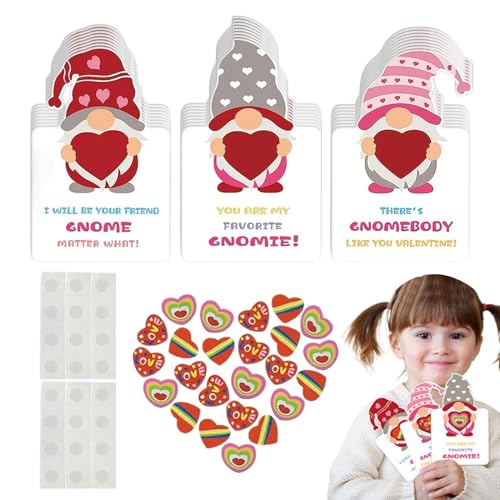 Hogvinnatil Set mit Valentinstagskarten und Herz-Radiergummis, Valentinstag-Austauschkarten, - 24X e Grußkarten-Set - Valentinstag-Grußkarten für Kinder, Mädchen und von Hogvinnatil