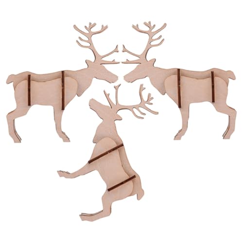 Hohopeti 3St Holzpuzzle für Erwachsene 3D-Puzzle-Modell Elch Rätsel Kinder 3D-Puzzle Hirschfigur Schreibtisch Dekoration tierpuzzle Spielzeug 3D-Puzzle aus Holz Puzzle-Modelle hölzern Khaki von Hohopeti