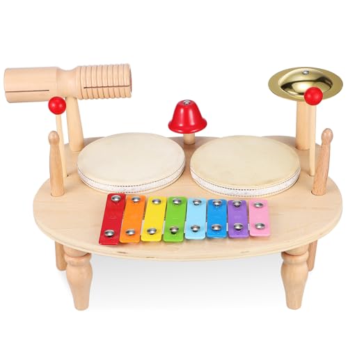 Hohopeti Mini Schlagzeug Aus Holz Für 5 Teiliges Perkussions Set Mit Tamburin Und Xylophon Musikinstrument Für Kleine Musiker Ideales Musikalisches Für Jungen Und ädchen von Hohopeti