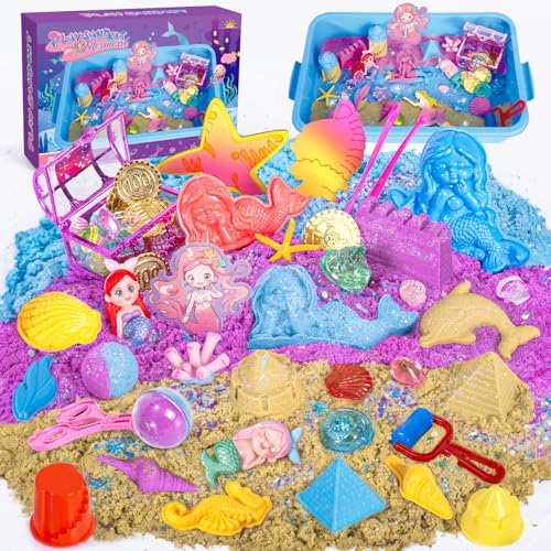 Hohosunlar Mermaid Sensory Bin Mädchen Spielzeug,2lbs Farbe Spielen Sand Kunst Kit w/Sandkasten,14 Schloss Ozean Tier Formen,Schatzkiste,Sensorische Spielzeug Geburtstag für Kleinkind Kind Alter 3+ von Hohosunlar