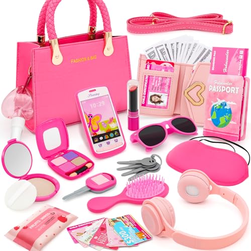 Kleinkind Mädchen Handtasche mit Accessoires - Falsches Make-up-Spielzeug für Kinder, Kopfhörer, Geldbörse, Telefon, Sonnenbrille, Schlüssel, Kreditkarten, Geschenk für Mädchen 3+ von Hohosunlar