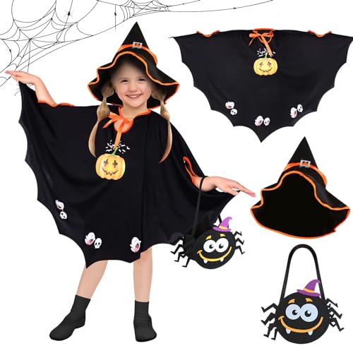 Halloween Kostüm Kinder,Fledermaus Umhang,mit 1 * Hut,1*Spinne Trick or Treat Taschen,für Halloween,Karneval, Themenparty,heloweenkostüme,Geeignet für Höhe 90-150cm Mädchen Jungen Kinder von Hoiloie