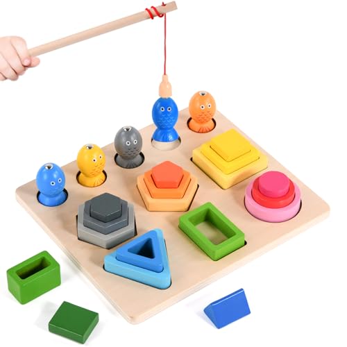 Hoiloie Montessori Spielzeug ab 1 Jahr,Holzspielzeug Stapelspielzeug,2 in 1 Farbe Erkennung Form Sorter Angelspiel Motorikspielzeug,Lernspielzeug Geschenk für 123 Jahre Kleinkind Mädchen Junge von Hoiloie