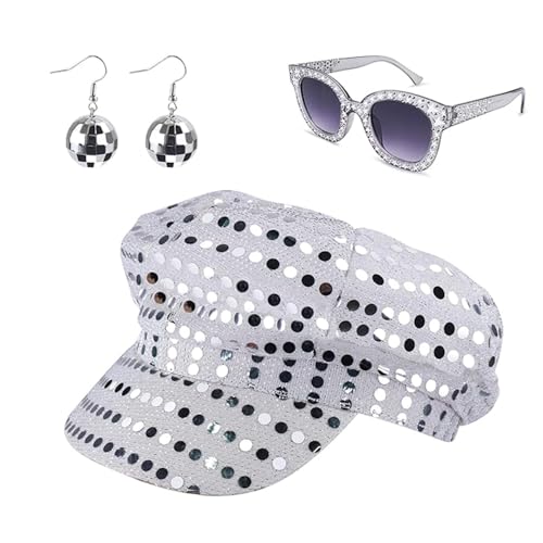 Hojalis 3 Stück 70er Jahre Disco Zubehör, 70er Jahre Pailletten Hut Abba Zubehör Damen Disco Kostüm Set mit Paillettenhut Sonnenbrille Ohrringe Disco Verkleidung Kit für Frauen Themenparty Geburtstag von Hojalis