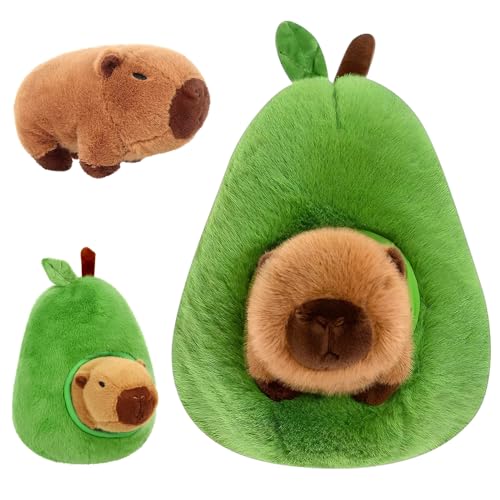 Hojalis 35cm Simulation Capybara Plüschtier, Avocado Capybara Plüschtier, Niedlichen Capybara Kuscheltier, Avocado-Capybara, Nehmbare Kopfbedeckung, Weiche Gefüllte Capybara Spielzeug für Kinder von Hojalis