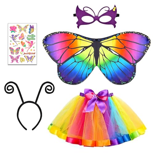 Hojalis 5 Stück Kostüm Schmetterling Kinder, Schmetterling Kostüm Mädchen mit Maske Tutu Rock Tüllrock Haarreif Tattoos Schmetterling Umhang, für Cosplay und Karneval Kostüm Party von Hojalis