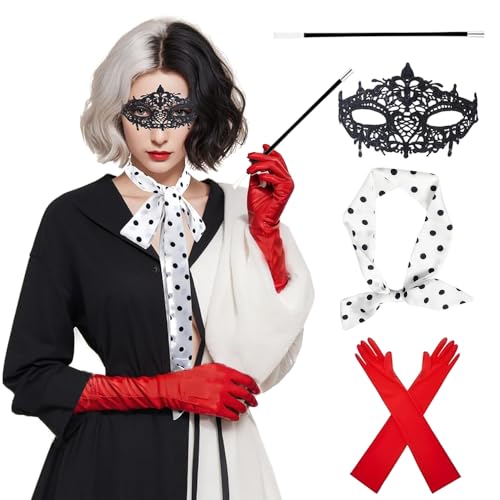 Hojalis 5Pcs Cruella Devil Kostüm Damen, Cruella Kostüm Damen, Perücke Schwarz Weiß, Damen Spitze Maske, Rote Handschuhe, Cosplay Handhebel, Gepunkteter Seidenschal, für Halloween, Karneval, Cosplay von Hojalis