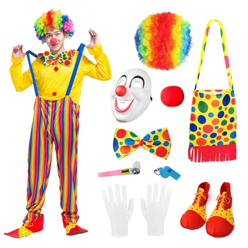 Hojalis Clown Kostüm Erwachsene Set, Clown Kostüm, Clown Kostümzubehör, Clown Kleidung, Clown Perücke, Clownmaske, Clown Nase, Clowntasche, Clownschuhe, Handschuhe, Cosplay Party Karneval Zirkusshow von Hojalis