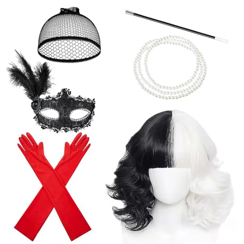 Hojalis Cruella Kostüm, 6 stück Cruella Deville Perücke, Cruella Perücke Damen, Cruella Deville Kostüm, Cruella de Vil Kostüm, Cruella Devil Kostüm Damen, für Halloween Karneval Cosplay Fancy Dress von Hojalis