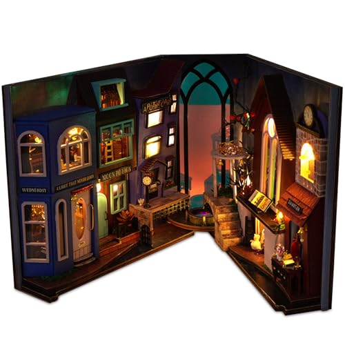 Hojalis DIY Book Nook Kit, 3D Holzpuzzle Buchstütze, Puppenhäuser Miniatur Haus Kit mit LED Leuchten und Möbeln, Buch Ecke Miniatur Kit, Bücherregal Deko, Book Nook, Geschenk für Teen Erwachsene von Hojalis