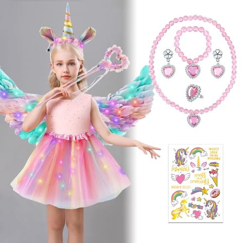 Hojalis Einhorn Kostüm Kinder, Einhorn Cosplay Set mit mit 60cm Bunt Federflügel Engelsflügel, Tüllrock, Haarreif Zauberstab, Armbandschmuck, Einhornaufkleber, LED Prinzessinnenkleid für Kinder von Hojalis