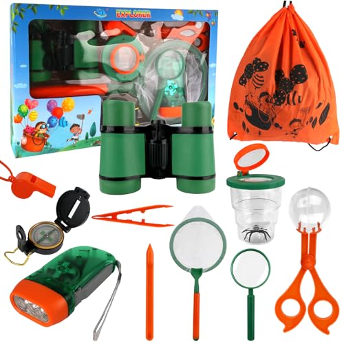 Hojalis Forscherset für Kinder, 11-Teiliges Entdecker Set für Kinder Mit Fernglas Kinder, Insektenfänger, Kompass, Becherlupe, Rucksack, Insektenklammern, Pinzette für Kinder Camping, Natur Erforschen von Hojalis