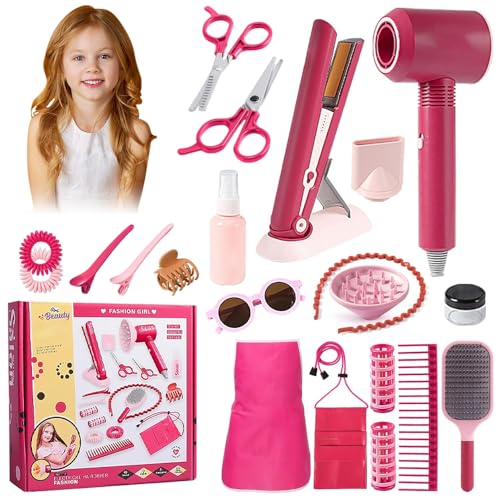 Hojalis Friseur Set Kinder, 22 Stücke Frisör Spielzeug Kinder, Friseur Kinderspielzeug mit Fön Haarglätter Kamm, Geburtstag Geschenk für Mädchen, Friseur Set Mädchen für ab 3 4 5 6 7 8 Jahre von Hojalis