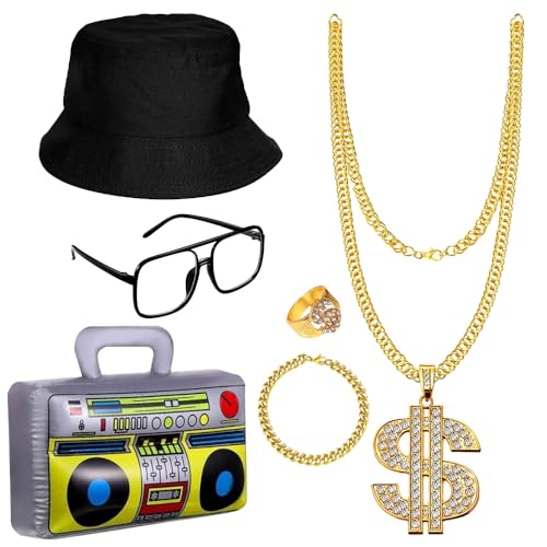 Hojalis Hip Hop Kostüm Kit, 6Pcs Hip Hop Kostüm Set, 80s/90s Rapper Accessories, Eimer Hut, Dollar Kette, Dollarzeichen Ring, Sonnenbrille, Aufblasbarer Boom-Kasten, Faux Gold Armband von Hojalis