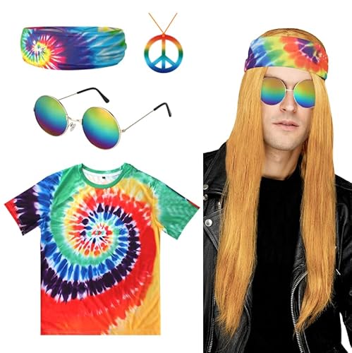 Hojalis Hippie Kostüm, 5 Stücke Hippie Kostüm Set, 70er Kostüme Set mit Hippie T-Shirt Brille Peace Halskette Stirnband 60er 70er Jhare Party Fasching Karneval von Hojalis