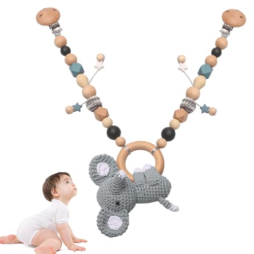 Hojalis Kinderwagenkette Holz Baby, Kinderwagenkette Koala Gehäkelt mit Glocke, Kinderwagenspielzeug Mädchen Junge, Kinderwagenkette aus Holz und Häkeln für Babys und Kleinkinder ab 0+ Monaten von Hojalis