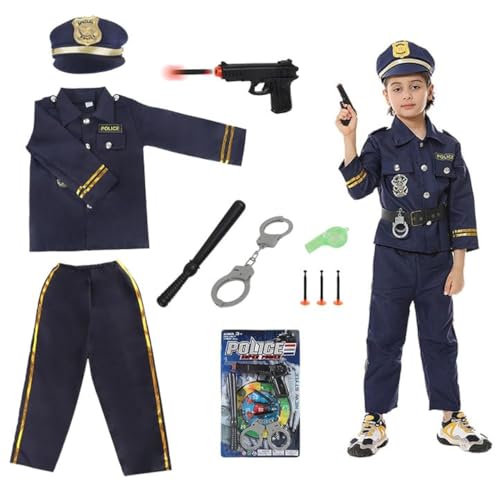 Hojalis Polizei Kostüm Kinder, 7 Stück Polizist Kostüm Kinder, Polizeihemd, Polizeihose, Polizeimütze, Polizeigürtel, Taktstock, Kostüm Kind Verkleidung für Rollenspiele, Halloween（M） von Hojalis