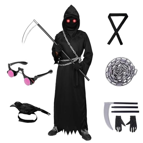 Hojalis Sensenmann Kostüm Kinder, 8PCS Sensenmann Kostüm Halloween,Unisex Kostüm Sensenmann, Sensemann Kostüm Set, mit leuchtenden Augen, Krähe Zubehör, Sense,für Halloween Dekoration(105 cm) von Hojalis