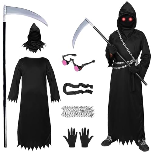 Hojalis Sensenmann Kostüm Kinder, Unisex Kostüm Sensenmann, Sensenmann Kostüm Halloween, Sensemann Kostüm Set, mit leuchtenden Augen,Hochwertige Handschuhe,Sense,für Halloween Dekoration(105 cm) von Hojalis