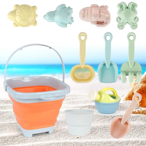 Hojalis Strand Sandspielzeug Set, 11 Pcs Kinder Strandspielzeug Set, Buddelzeug mit Faltbarer Eimer, Sandspielzeug Set für Kinder, Sandspielzeug ab 1 Jahr, Sandkasten Spielzeug für Mädchen und Junge von Hojalis