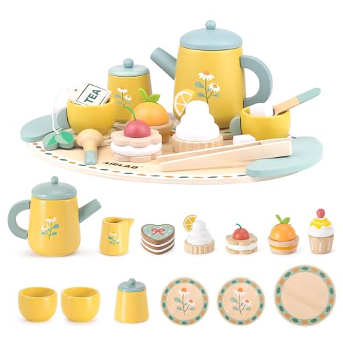 Hojalis Teeservice Kinder, Teeparty Spielküche Rollenspiele, Teeset Kinderspielzeug, Kaffeeservice Kinder, Tee Set Holzspielzeug Rollenspiel Geschenk, für Kinder Mädchen Junge 3 4 5 6 7+ Jahre von Hojalis