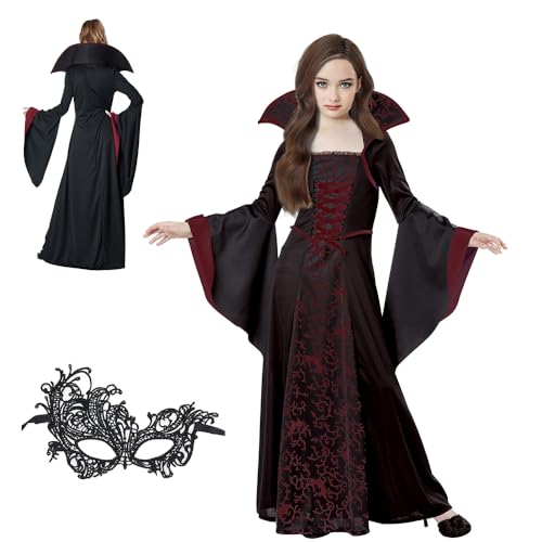 Hojalis Vampir Kostüm Mädchen, 130cm Kostüm Vampir Kinder, Gothic Vampirkostüm mit Maske, Vampir Kostüm Kinder Mädchen, Halloween Kostüm Kinder Vampir, Kostüm Vampir Mädchen für Halloween,Karneval von Hojalis