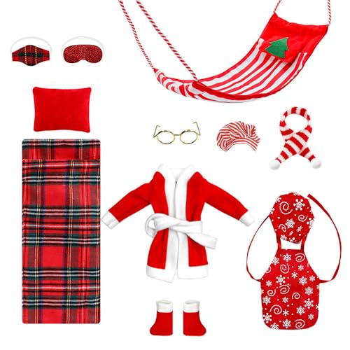 Hojalis Wichtel Zubehör Weihnachten, 13PCS Weihnachten Elf Puppe Kostüm Zubehör, Weihnachtswichtel Set, Elf Hängematte, Schlafsack, Schürze, Kochmütze, Bademantel, Schal, Brille usw, Elf Kleidung von Hojalis