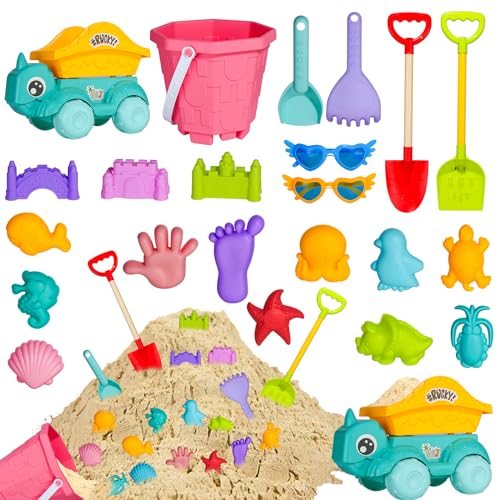 Holady 22-teiliges Strand-Sandspielzeug-Set,umweltfreundliches ABS, langlebig, Dicker Kunststoff, komplettes Geschenkset inklusive Spielzeugauto, Sonnenbrille, Strandeimer, Sandform, Sandschaufel von Holady