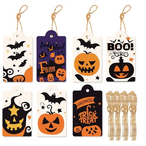 Holdes Halloween-Tags,Halloween-Leckerei-Tags | 80 Stück Basteletiketten für Süßes oder Saures mit Schnur,-Fledermaus-Anhänger, 8 Stile, Halloween-Papieranhänger für Halloween-Party-Geschenkdekoration von Holdes