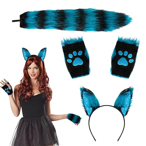 Holdes Halloween-Tier-Cosplay-Set, Wolfsschwanz-Clip-Ohren und Handschuhe-Set - Schwanz Wolf Cosplay Kostüm Set,Halloween-Handschuhe, Haarspange, Kopfbedeckung, Kostüme, Plüschohren, von Holdes