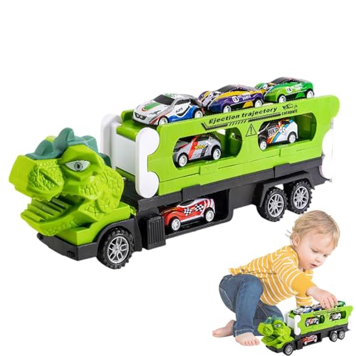 Holdes Transport-Dinosaurier-LKW mit klappbarem Schiebedach, Dinosaurier-Autobahn - Dino-Fahrzeuge-Set | Kleinkind-Spielzeug-Autobahn-Set, Dinosaurier-Transporter-Autorennbahn mit 6 Autospielzeugen von Holdes