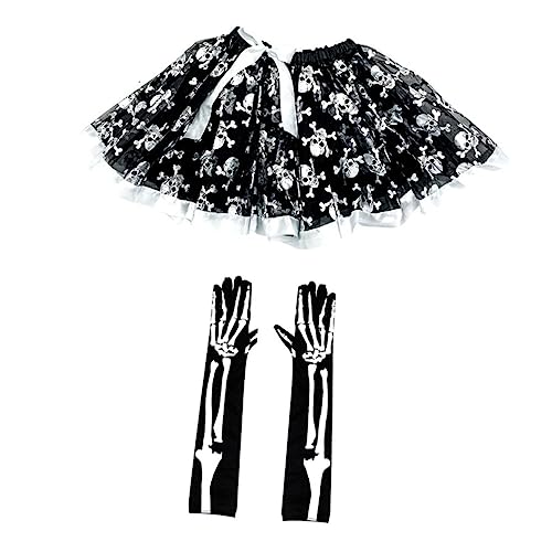 Holibanna 1 Satz Halloween-anzug Schädelknochen-vollfingerhandschuhe Gespenster-tutu-rock Kostüm Für Rockkleid Mit -print Halloweenkostüm Halloween-skelett Stoff Black von Holibanna