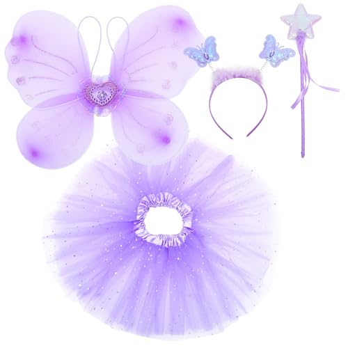 Holibanna 1 Satz Schmetterlingsflügel vierteiliges Set Ballettröckchen Libelle Puppe Neon fairy wand halloweenkostüme für kleider kurzes Kleid aus Performance-Kleid Stoff Violett von Holibanna