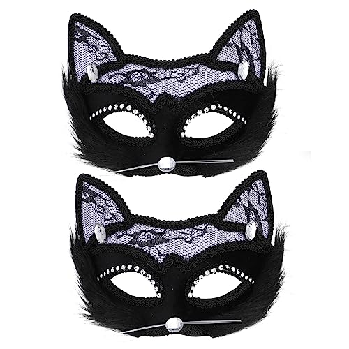 Holibanna 2st Katze Gesichtsmaske Katze Halb Halloween-katzenkostüm Maskerade Masken Ball Abschlussball Halloween-karnevalskostüm Halloween-auge Spitze Katze Gesichtsaccessoires Black Plüsch von Holibanna