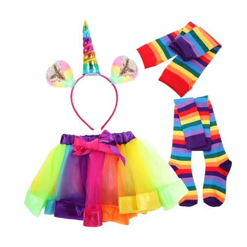 Holibanna 4 Teiliges Regenbogen Tutu Kleidungsset Für ädchen Bunte Tutu Rock Elastische Handschuhe Gestreifte Socken Und Haarband Für Partys Und Kostüme von Holibanna