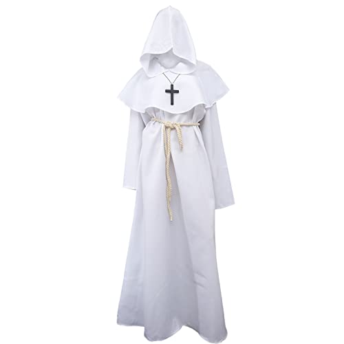 Holibanna Mönch Mittelalterliche Kapuze Mönch Robe Renaissance Priester Robe Kostüm Zauberer Umhang Robe Cosplay Gürtel Kreuz Halskette Set Halloween Cosplay Kostüm Weiß M von Holibanna